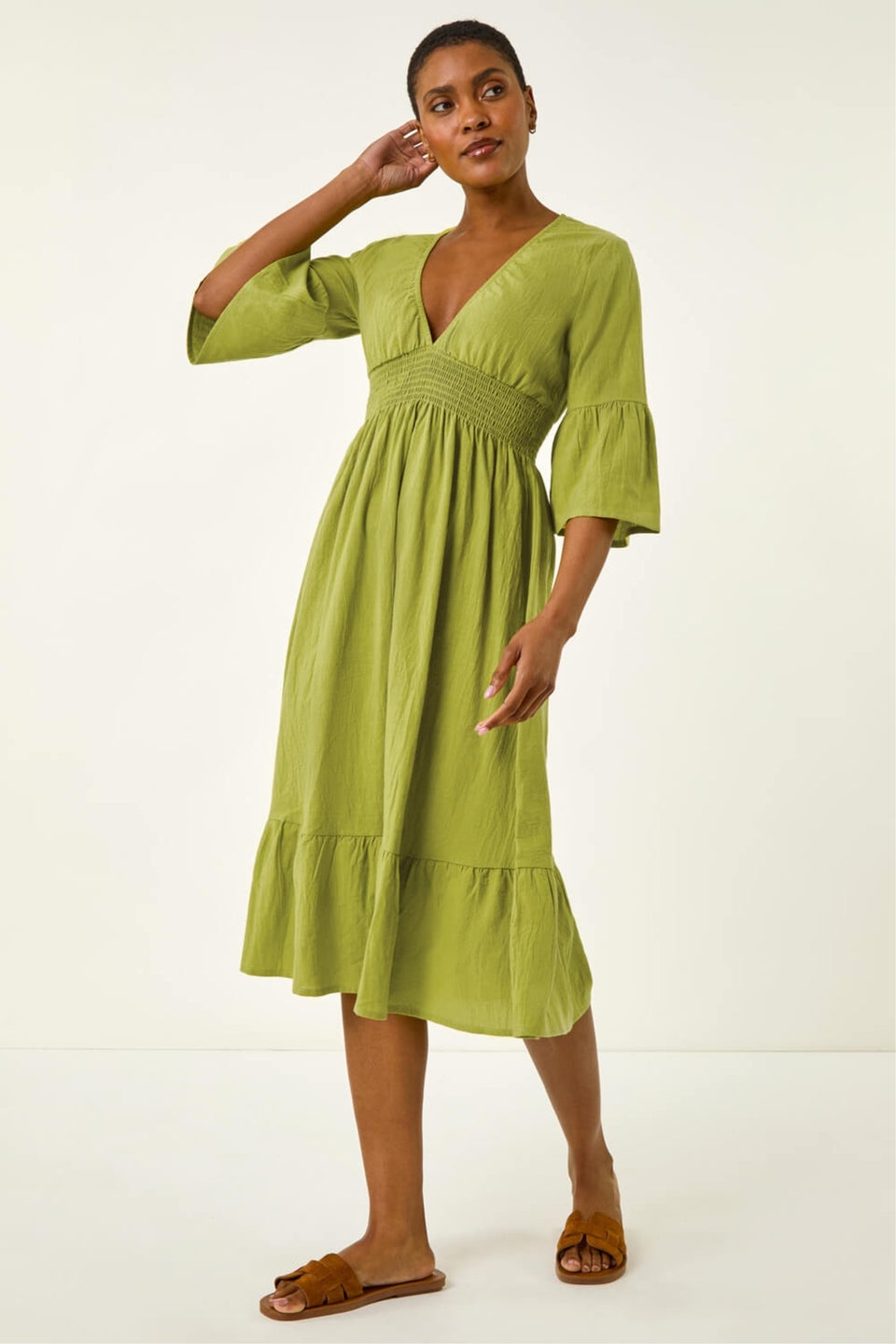 Roman Lime Linen Look Shirred Midi Dress