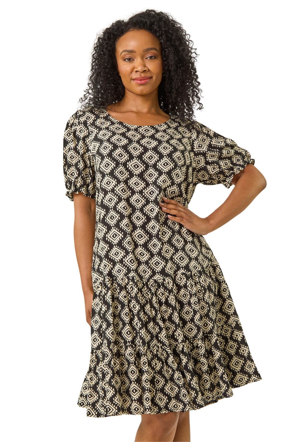 Roman Black Petite Geo Print Tiered Smock Dress