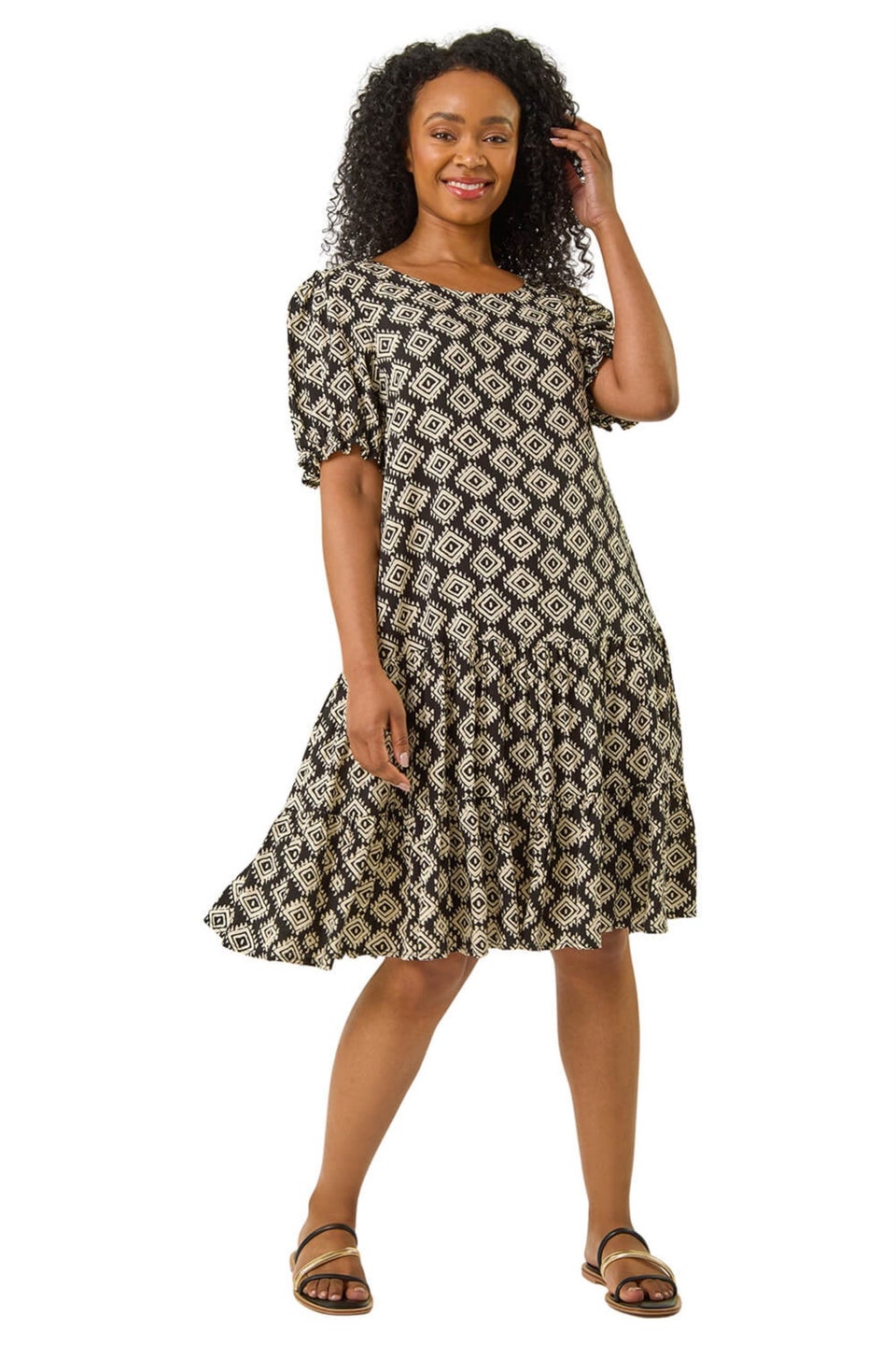 Roman Black Petite Geo Print Tiered Smock Dress