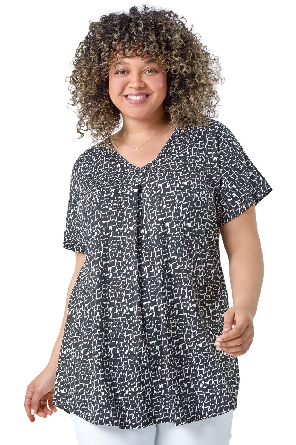 Roman Black Curve Pleat Front Printed V-Neck Stretch Top