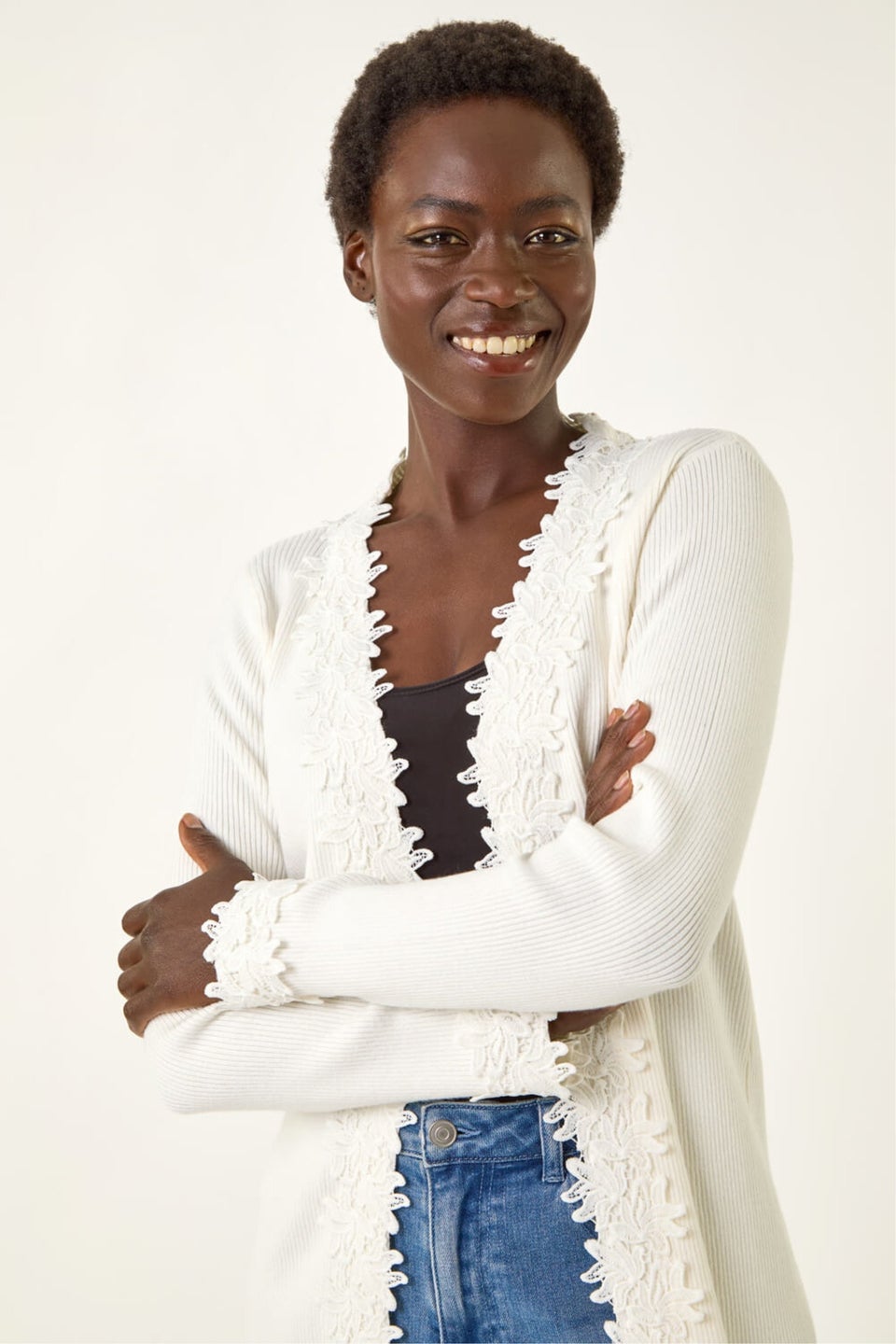 Roman Ivory Lace Trim Knit Cardigan