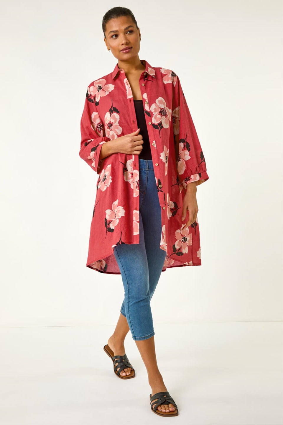Roman Red Longline Floral Print Blouse