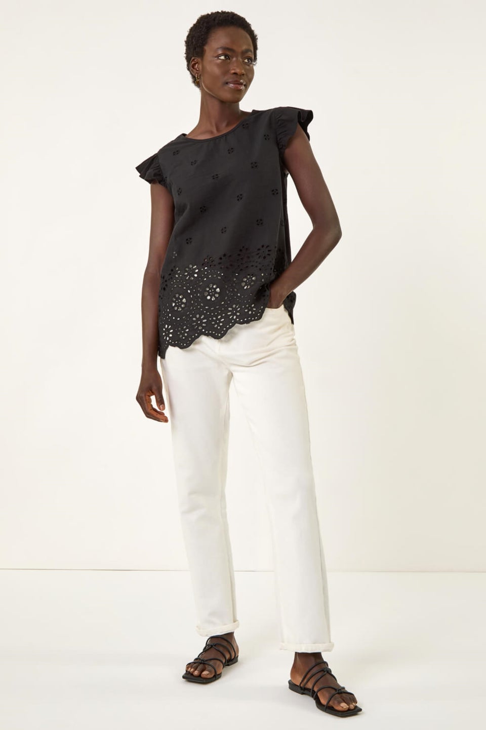 Roman Black Broderie Hem Stretch Top
