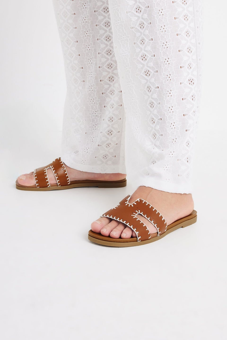 Yours Brown Faux Leather Stitched Mule Sandals In Extra Wide EEE Fit