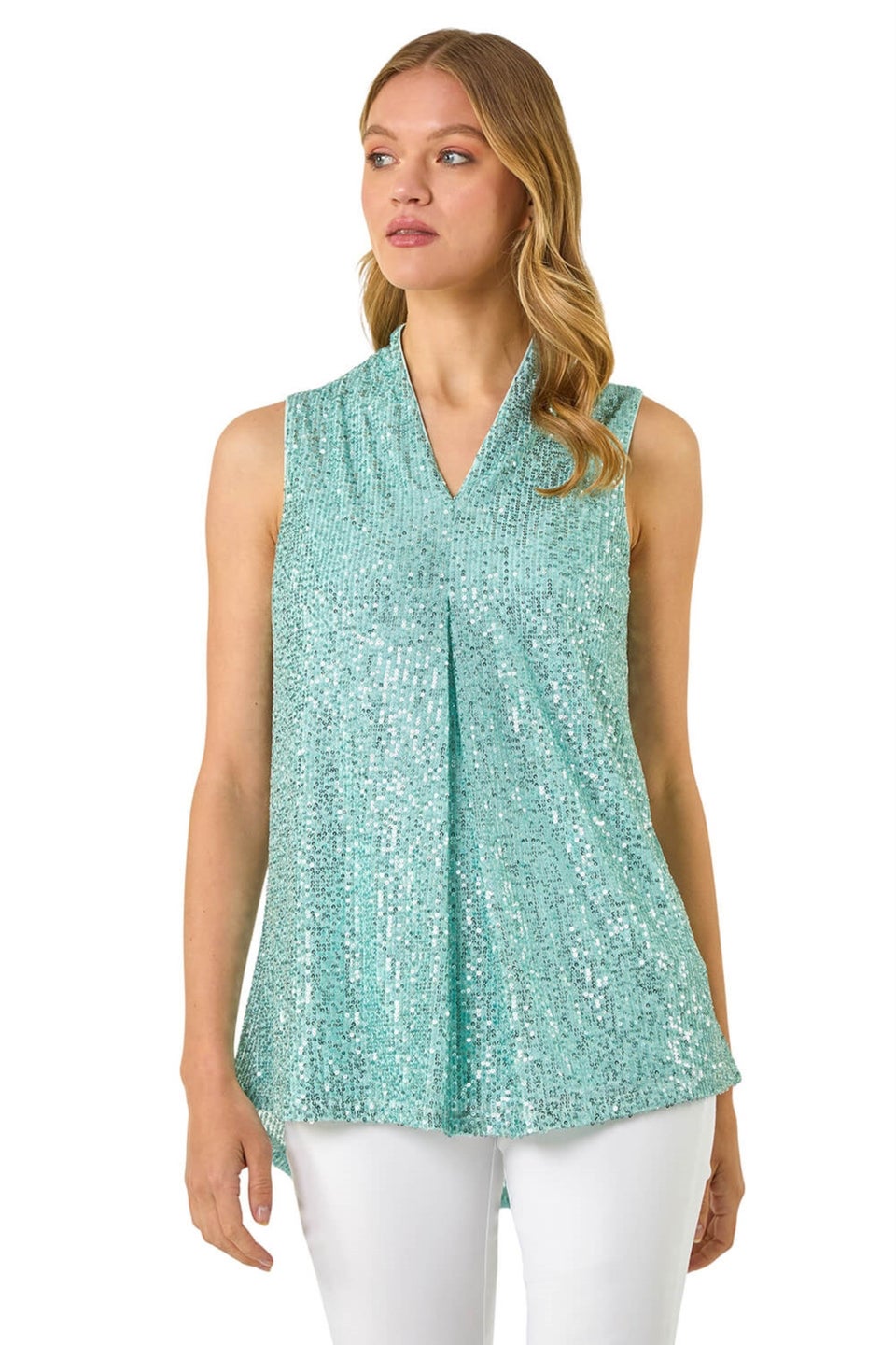 Roman Aqua Sequin Pleat Front Vest Top