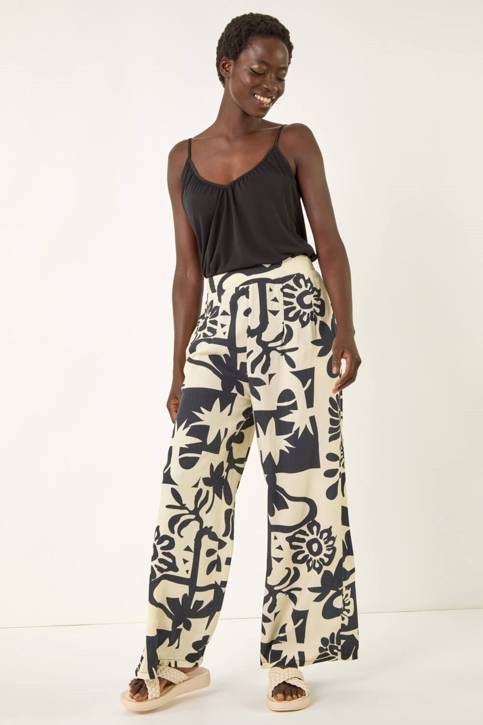 Roman Ivory Contrast Print Wide Leg Trouser