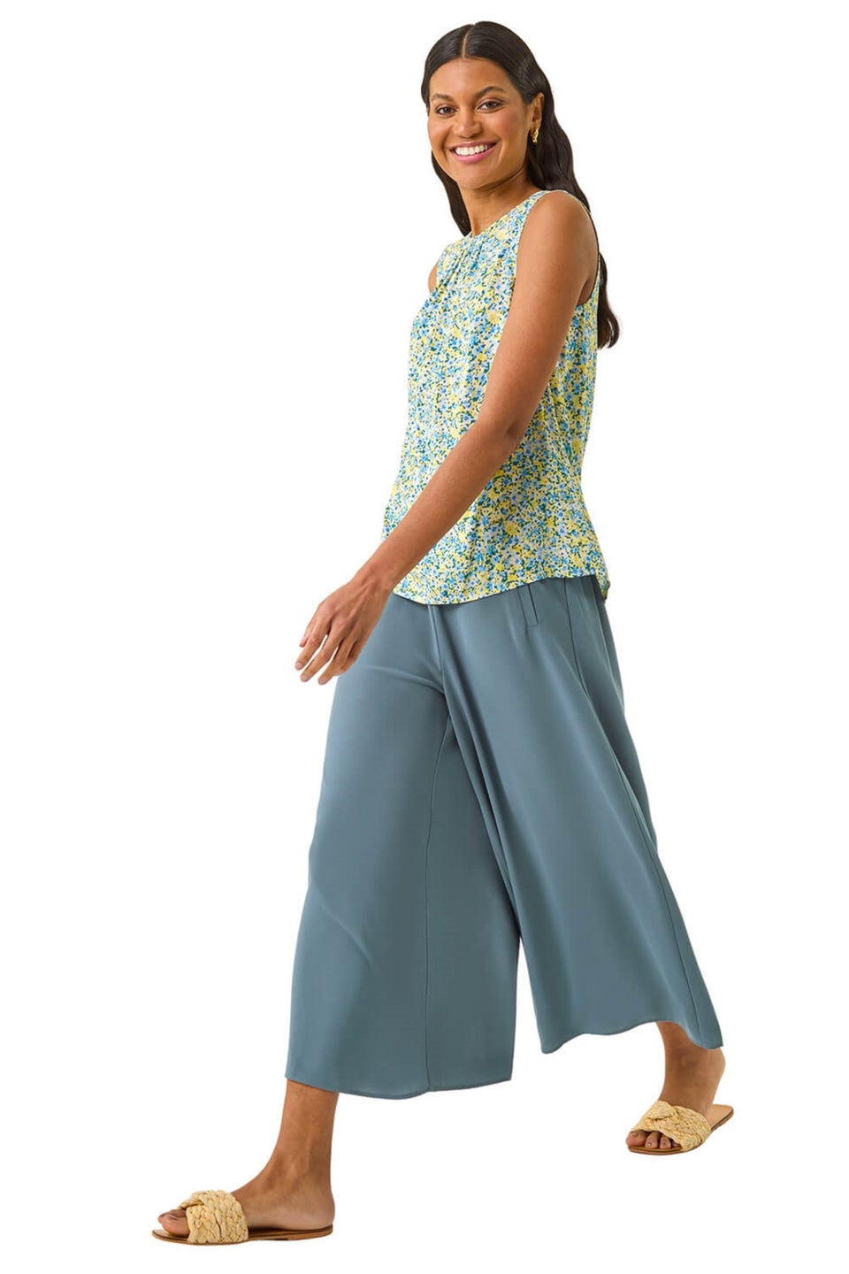 Roman Steel Blue Palazzo Culotte Wide Leg Trouser