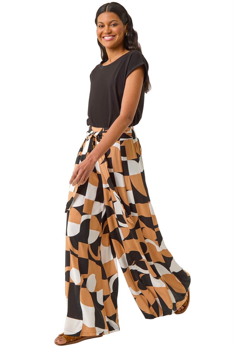 Roman Camel Geometric Print Tie Waist Stretch Trouser