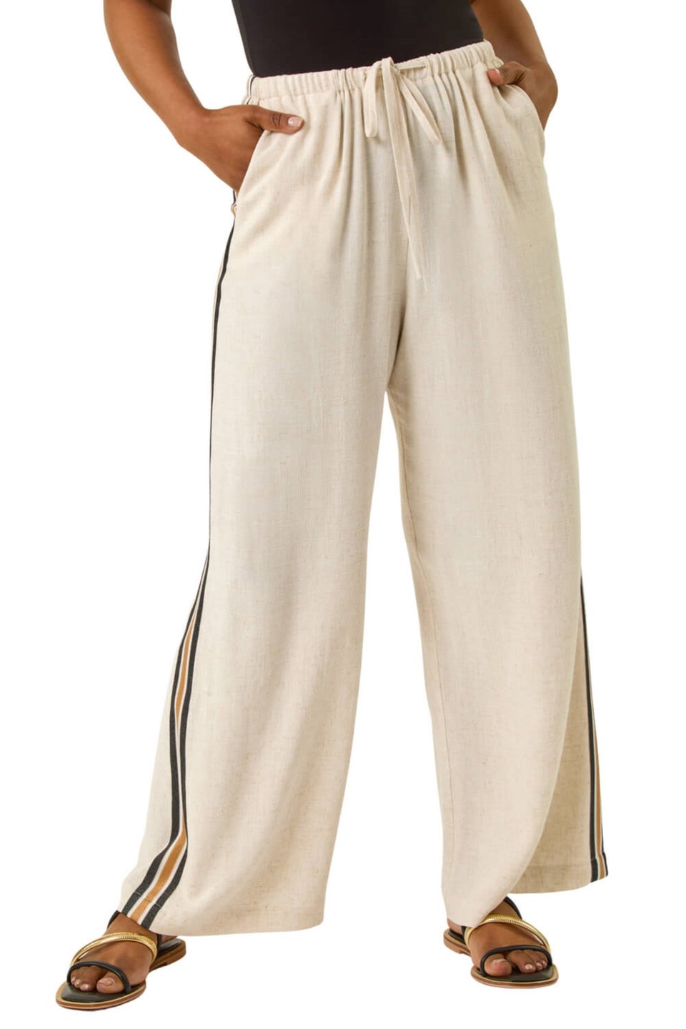 Roman Natural Petite Linen Mix Side Stripe Trouser