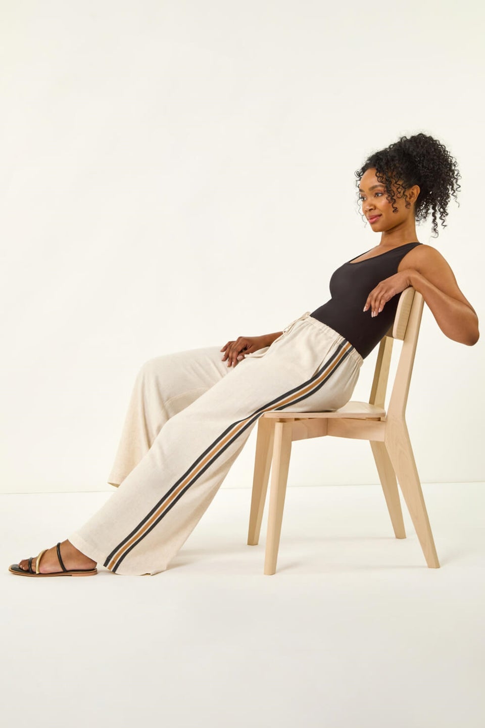 Roman Natural Petite Linen Mix Side Stripe Trouser