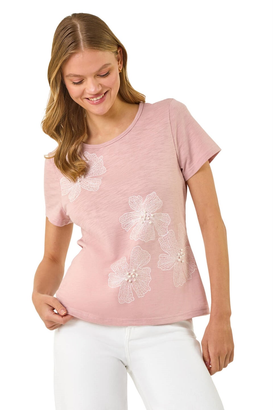 Roman Pink Floral Print Pearl Detail Top