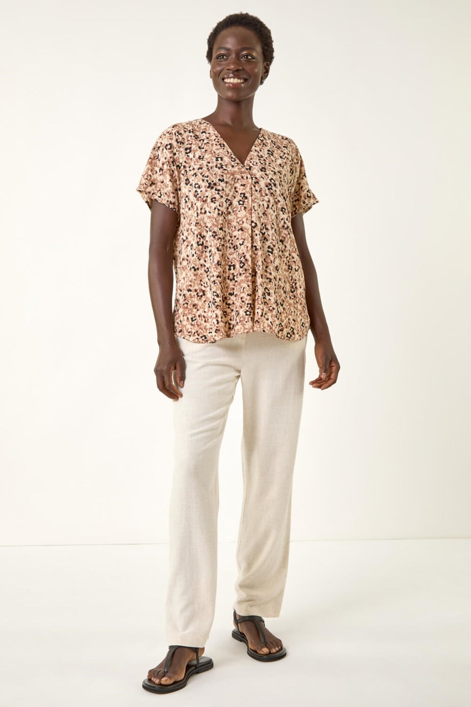 Roman Natural Animal Print V-Neck Pleat Front Top