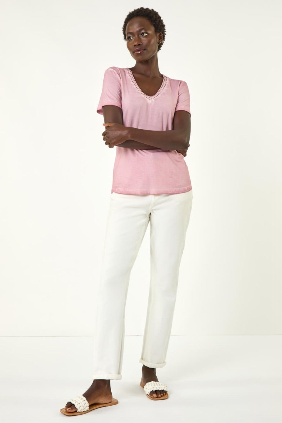 Roman Light Pink Bead Trim Detail V-Neck Top