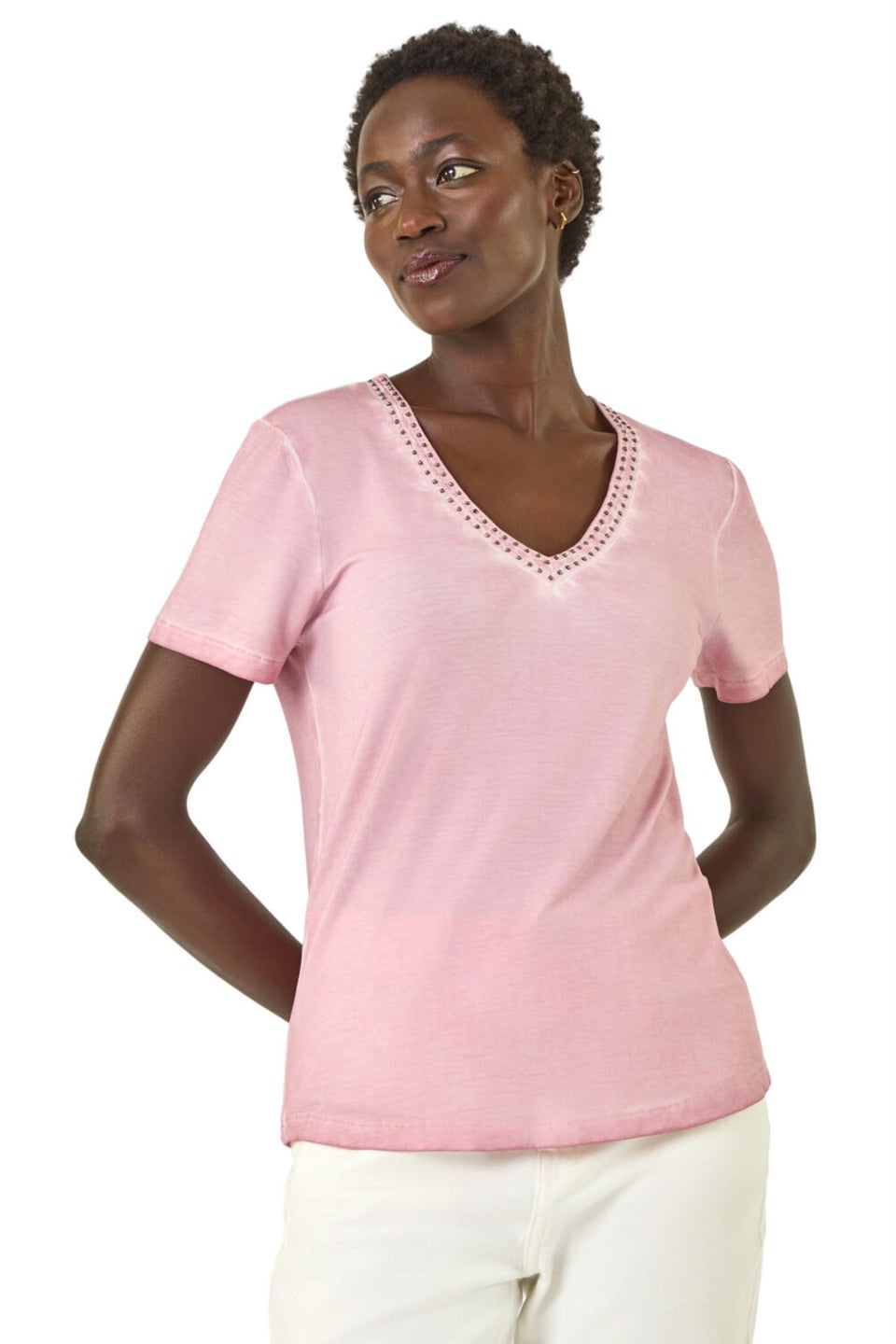 Roman Light Pink Bead Trim Detail V-Neck Top
