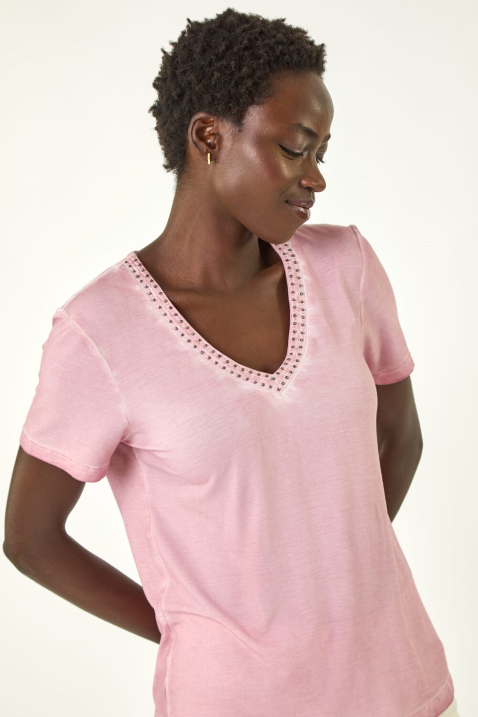 Roman Light Pink Bead Trim Detail V-Neck Top