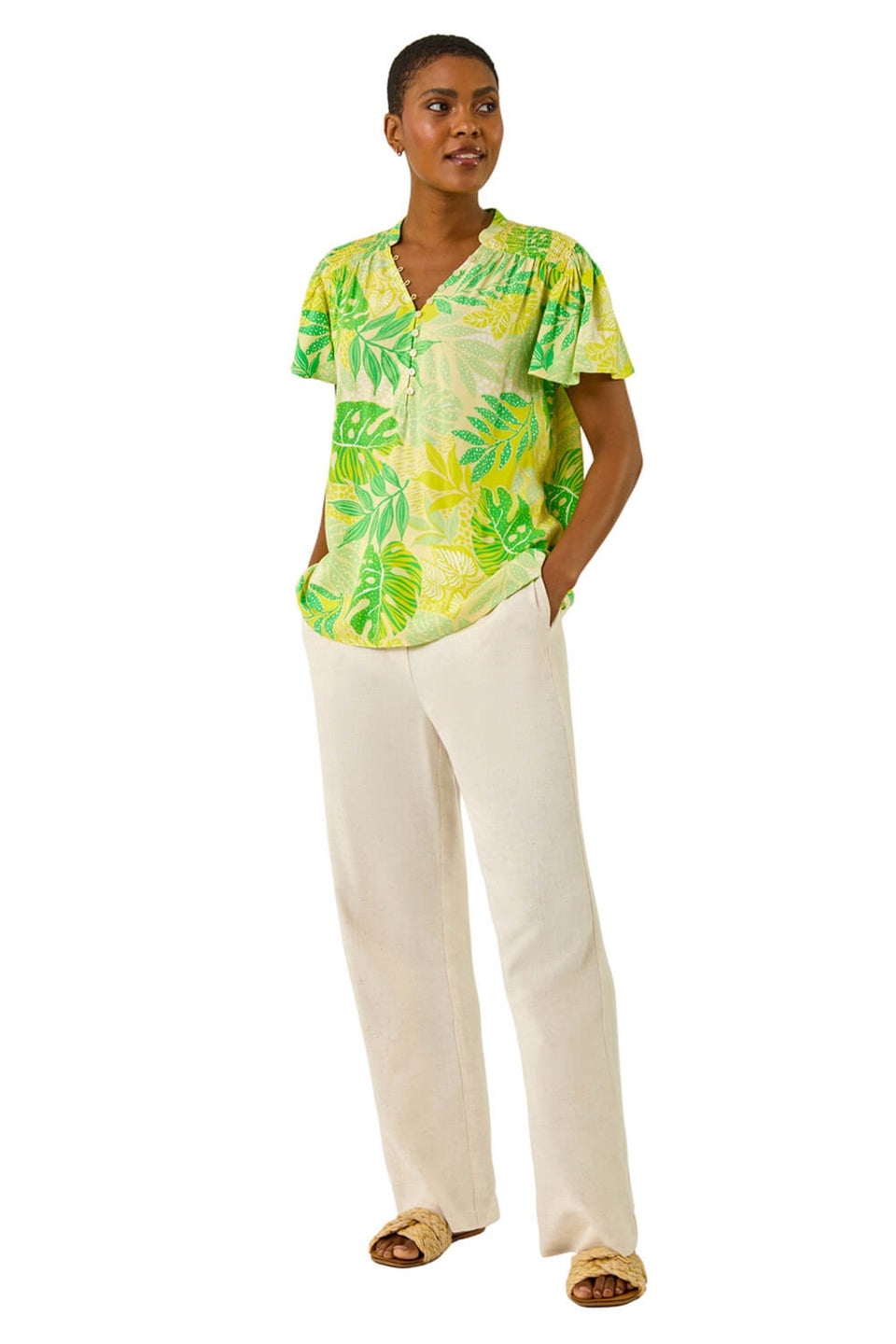 Roman Lime Leaf Print Shirred V-Neck Top