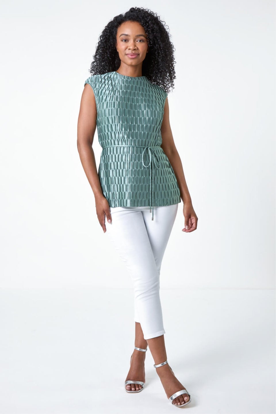 Roman Sage Petite Shimmer Pleat Detail Tie Top