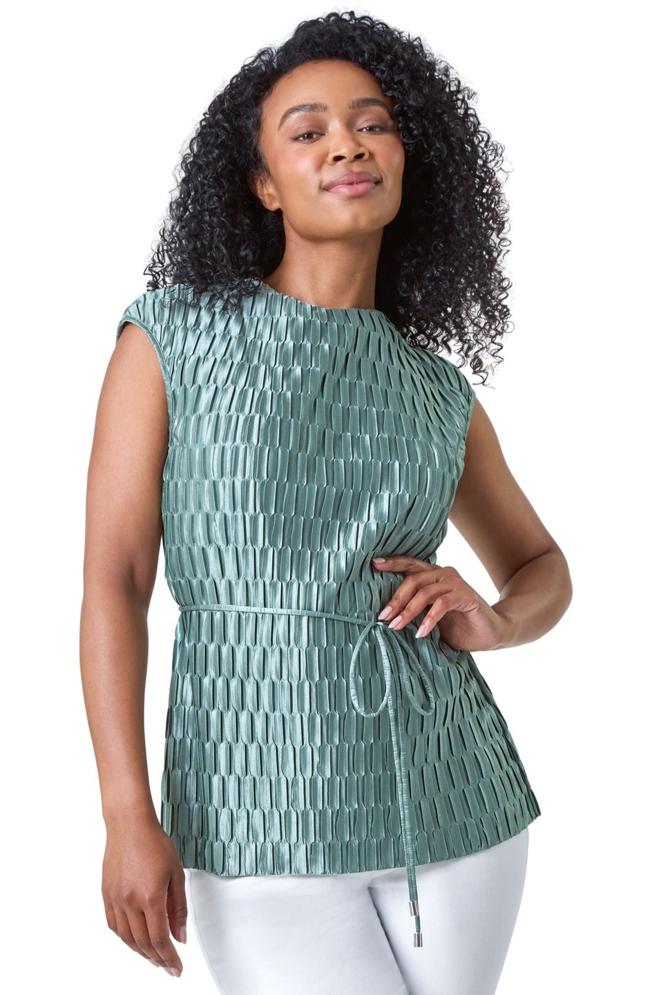 Roman Sage Petite Shimmer Pleat Detail Tie Top