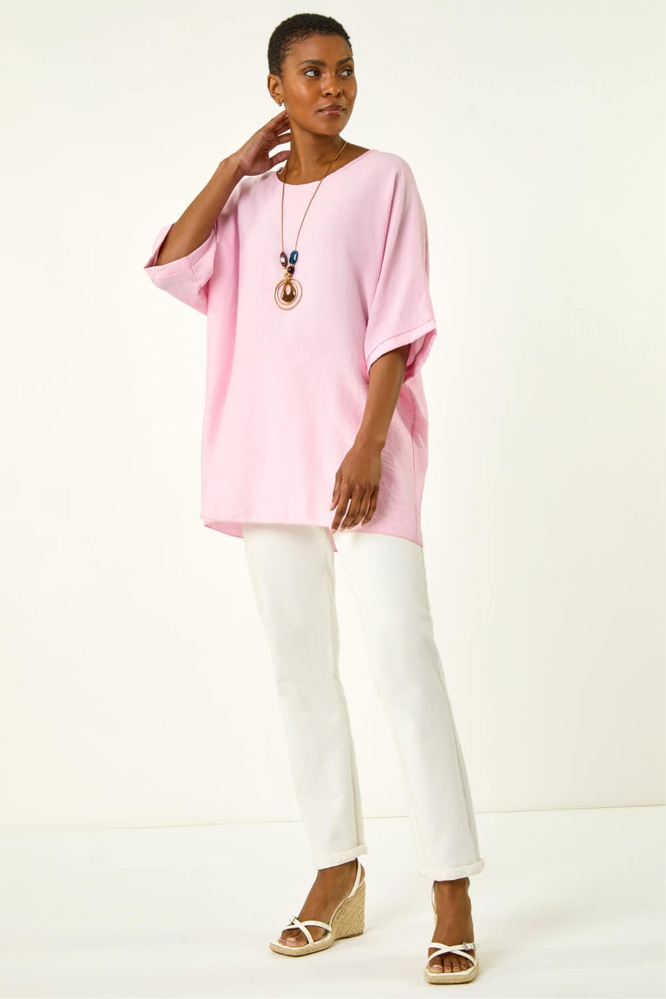 Roman Pink Plain Tunic Top with Necklace