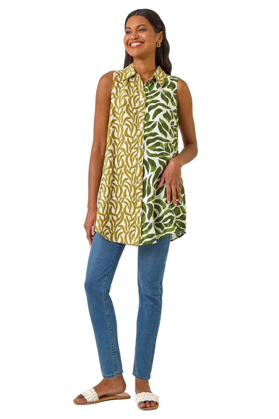 Roman Green Leaf Print Button Longline Shirt