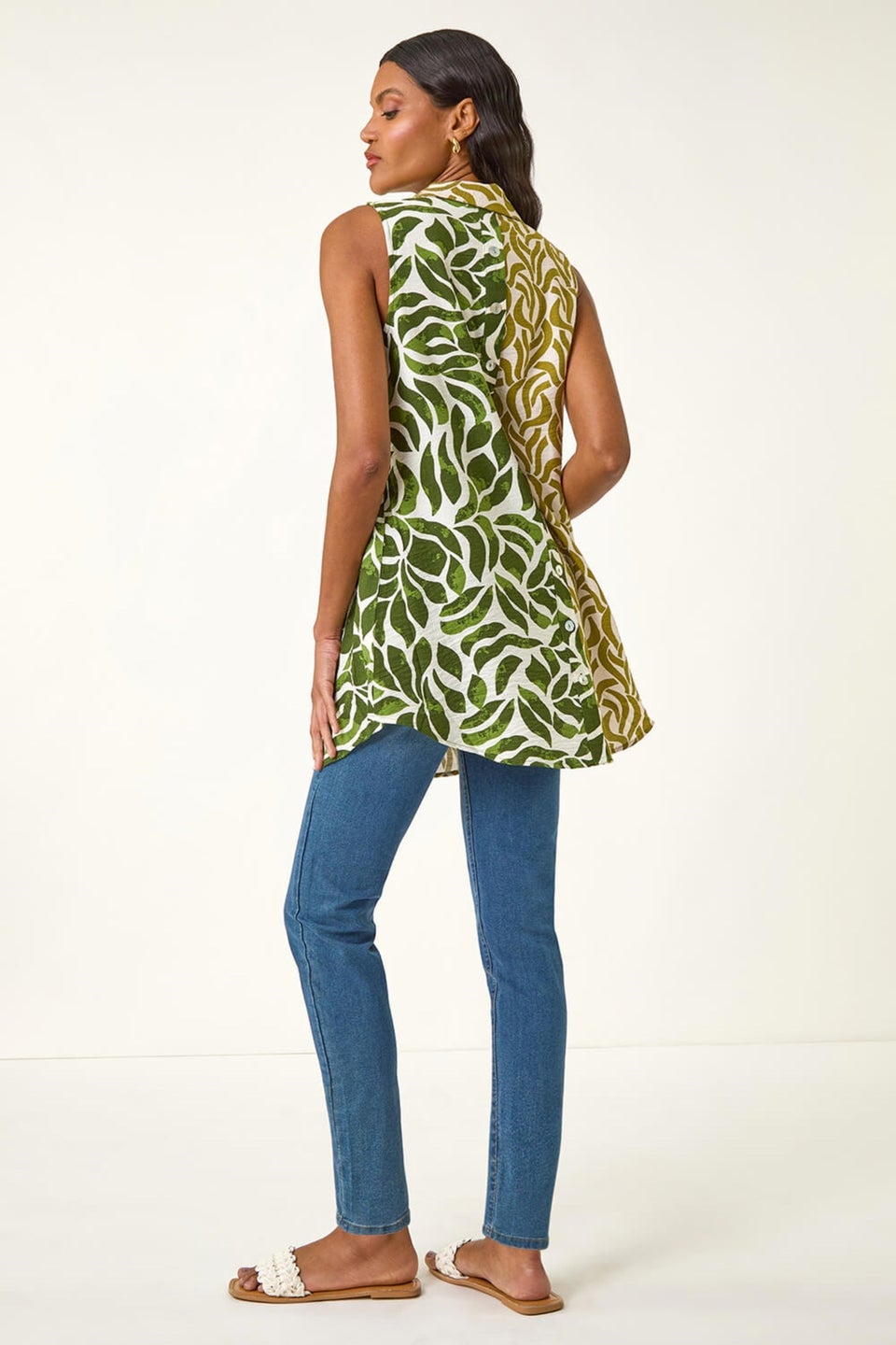 Roman Green Leaf Print Button Longline Shirt