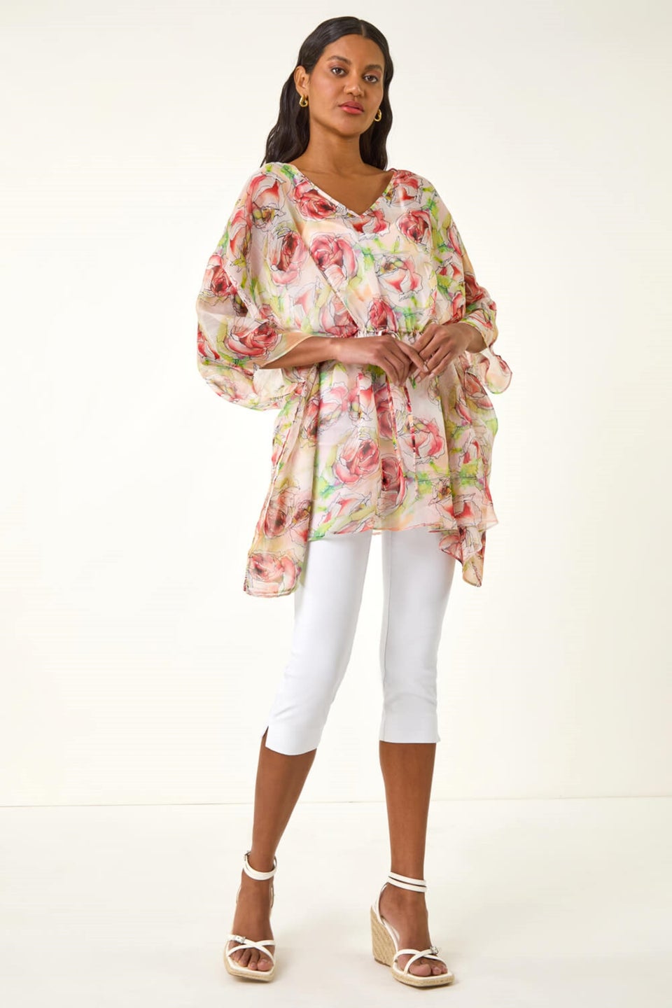 Roman Red Floral Print Kimono Top