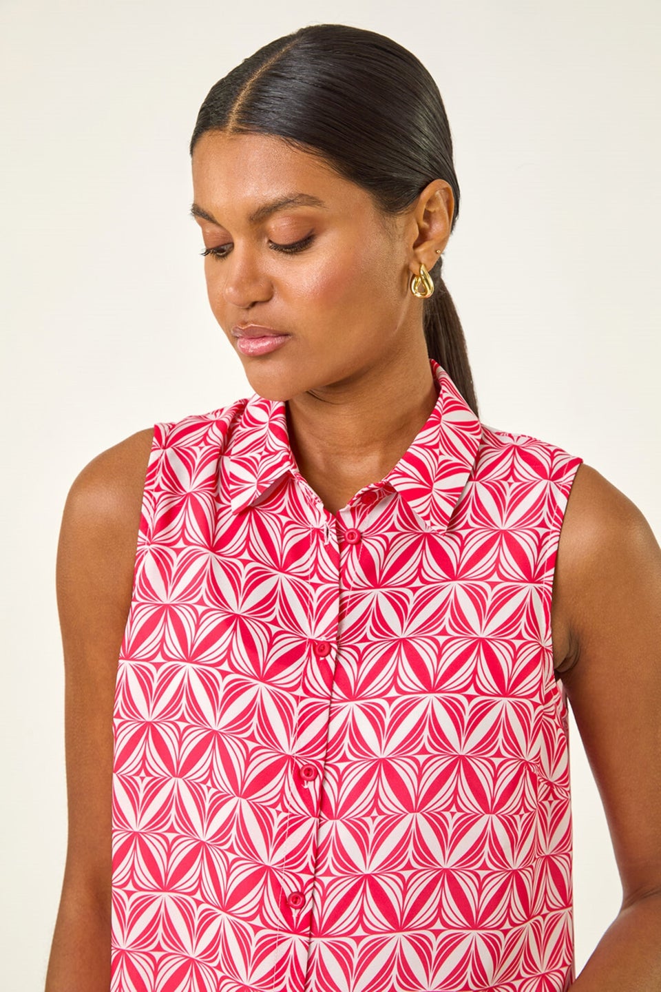 Roman Red Geo Border Print Button Blouse