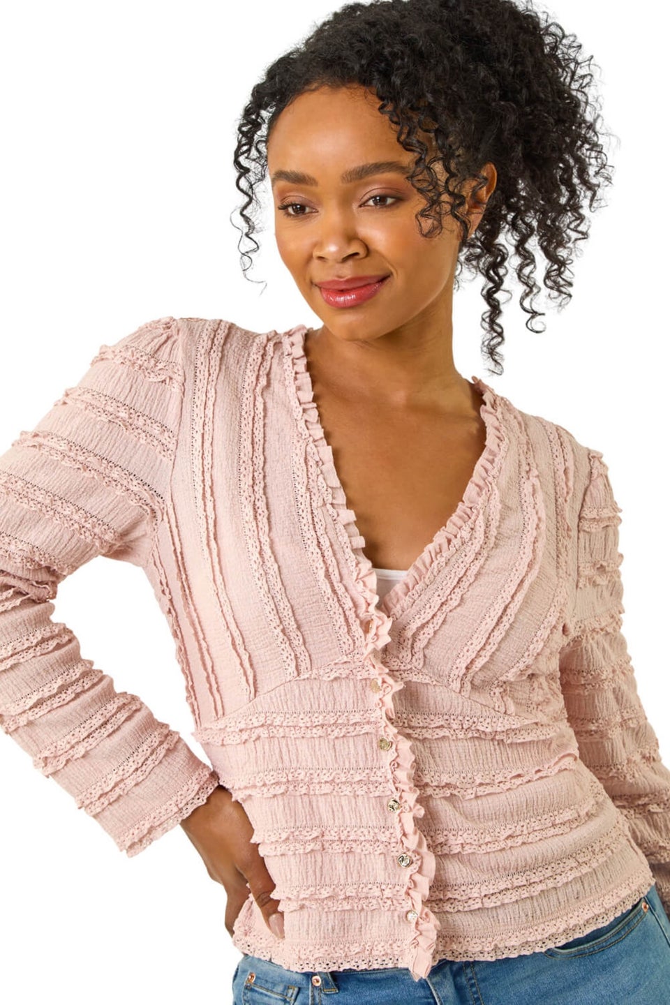 Roman Light Pink Petite Ruffle V-Neck Stretch Top
