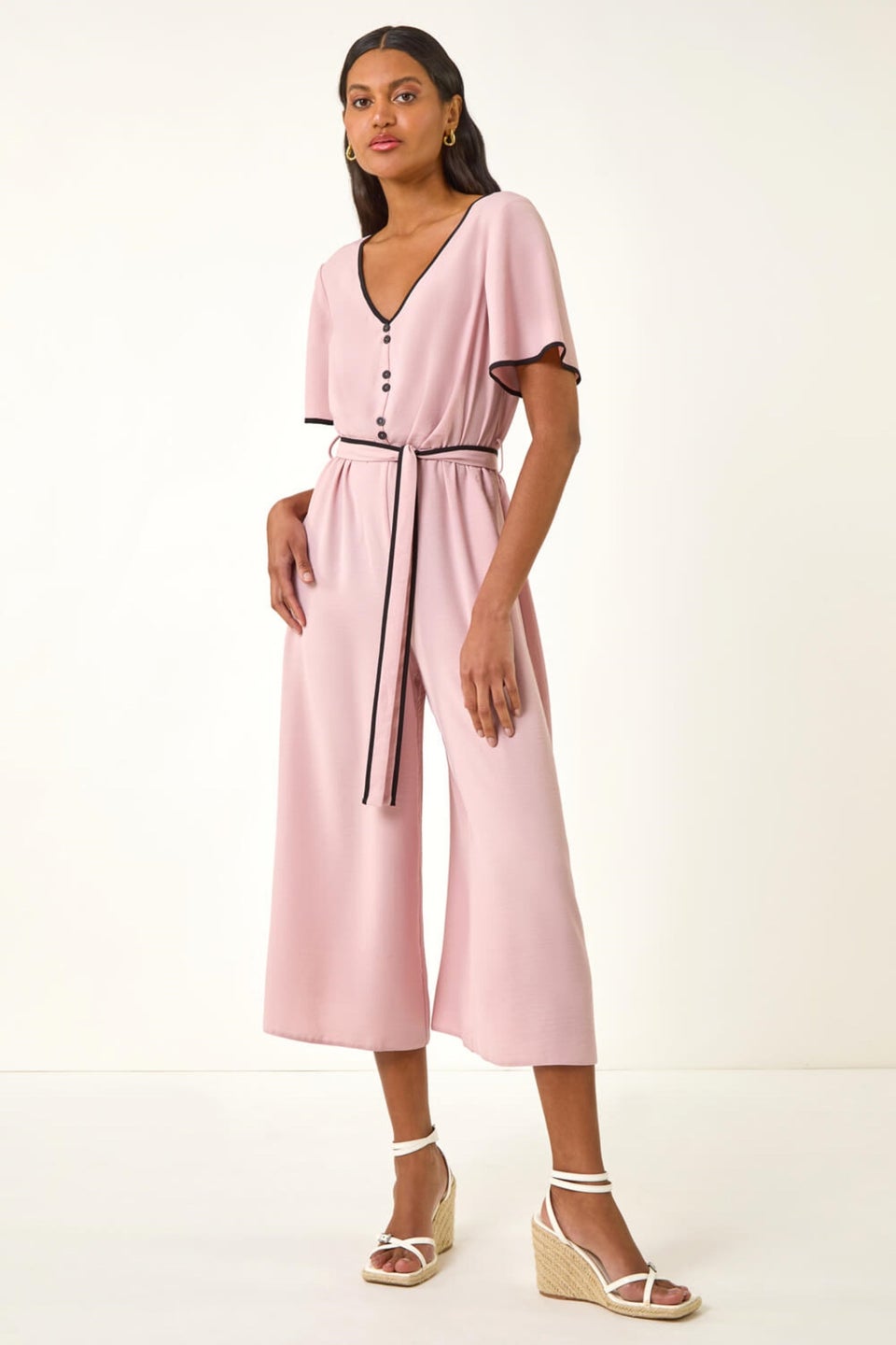 Roman Light Pink Tie Waist Wide Leg Jumpsuit