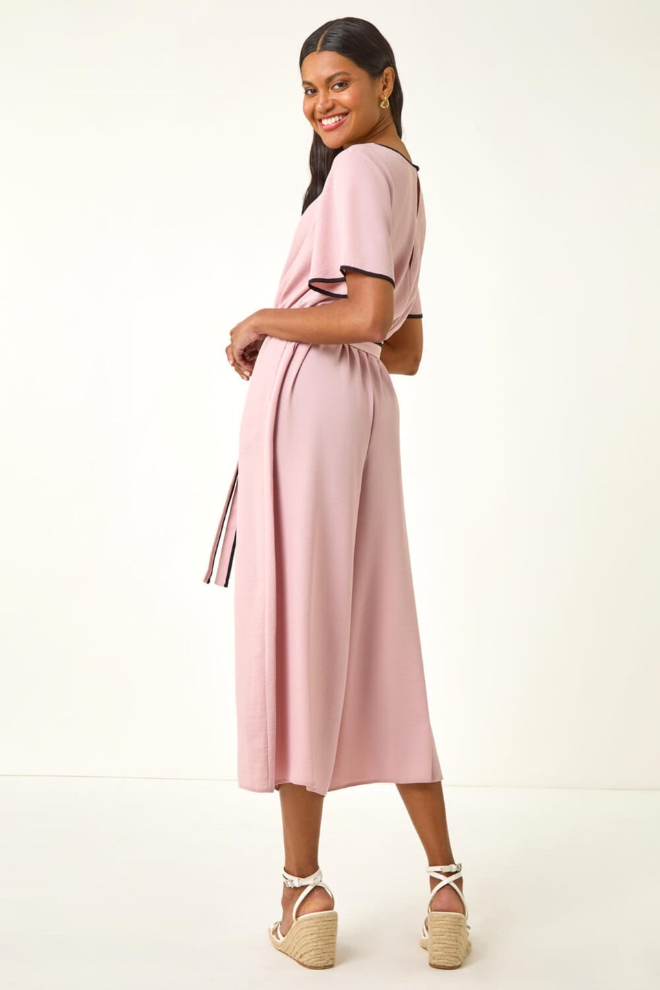 Roman Light Pink Tie Waist Wide Leg Jumpsuit