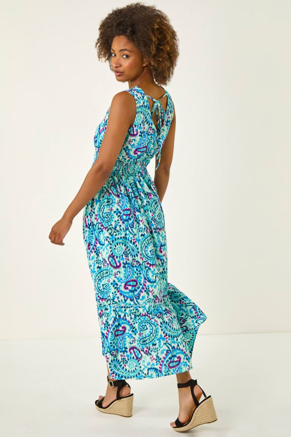 Roman Turquoise Paisley Print Shirred Maxi Dress