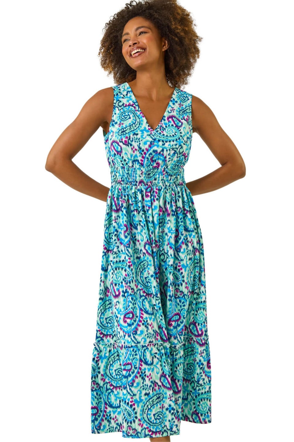 Roman Turquoise Paisley Print Shirred Maxi Dress