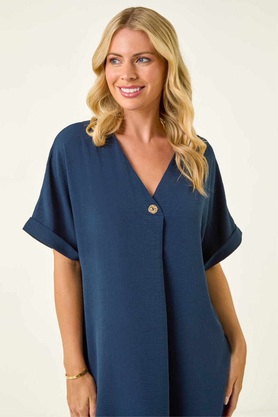 Roman Navy Petite One Button V-Neck Dress