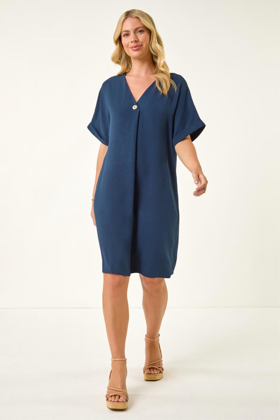 Roman Navy Petite One Button V-Neck Dress