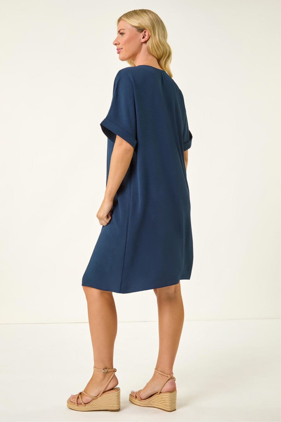 Roman Navy Petite One Button V-Neck Dress