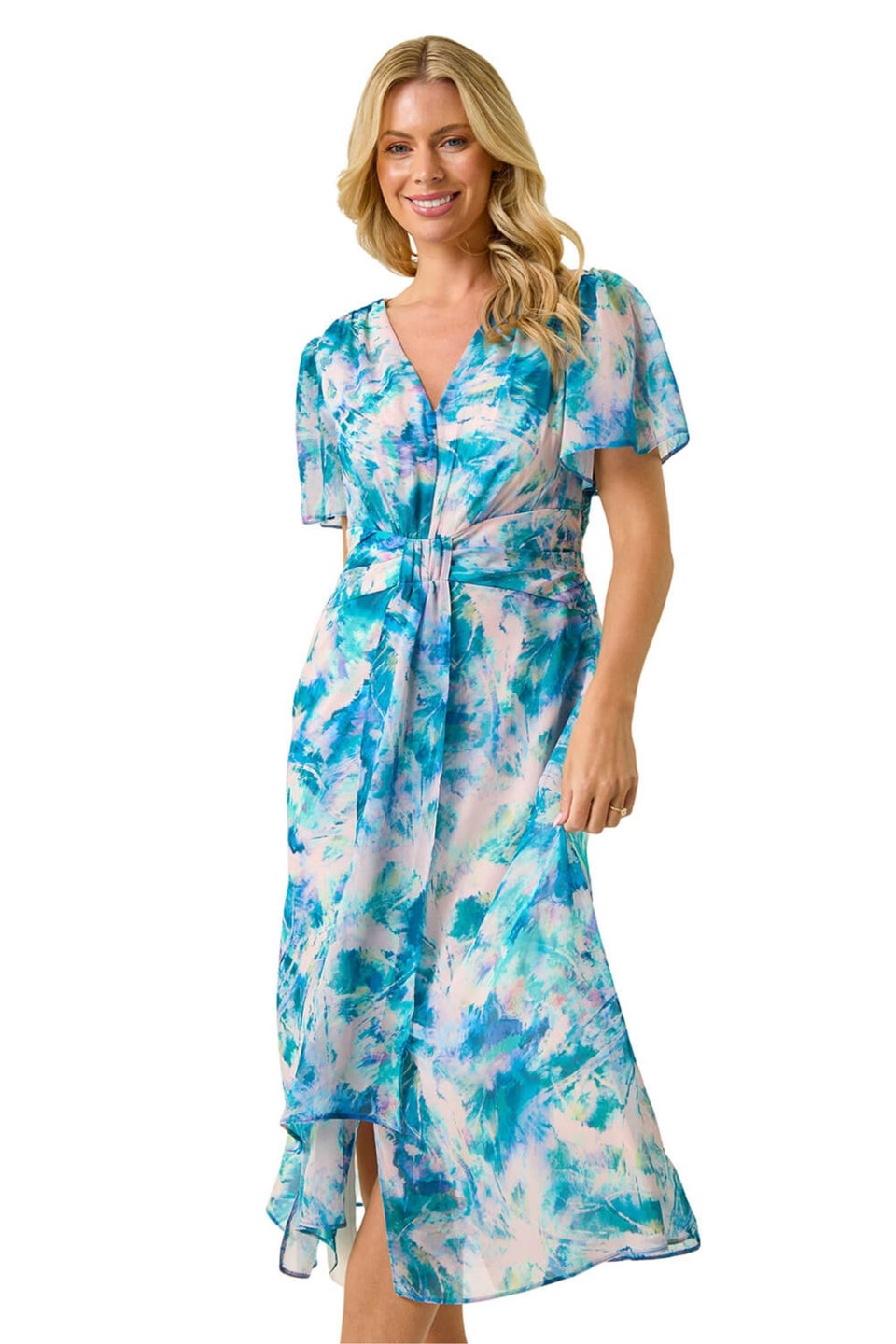 Roman Turquoise Petite Abstract Print Ruched Midi Dress