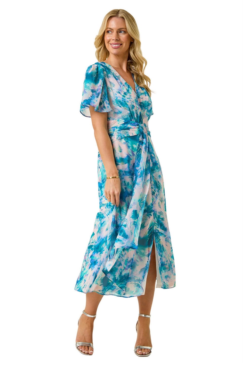 Roman Turquoise Petite Abstract Print Ruched Midi Dress