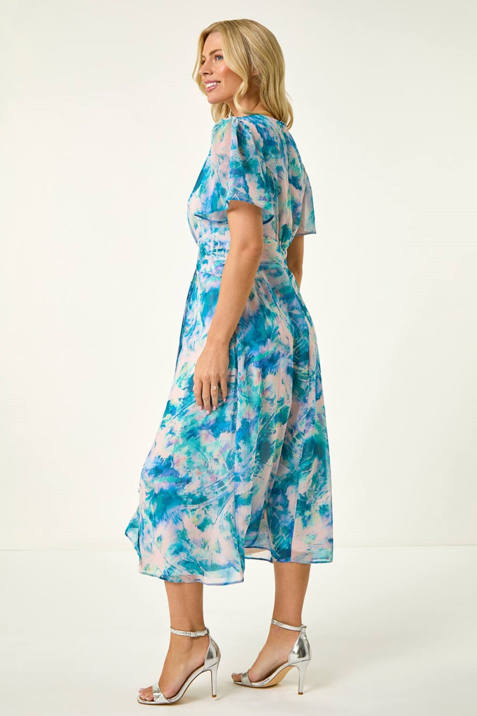 Roman Turquoise Petite Abstract Print Ruched Midi Dress