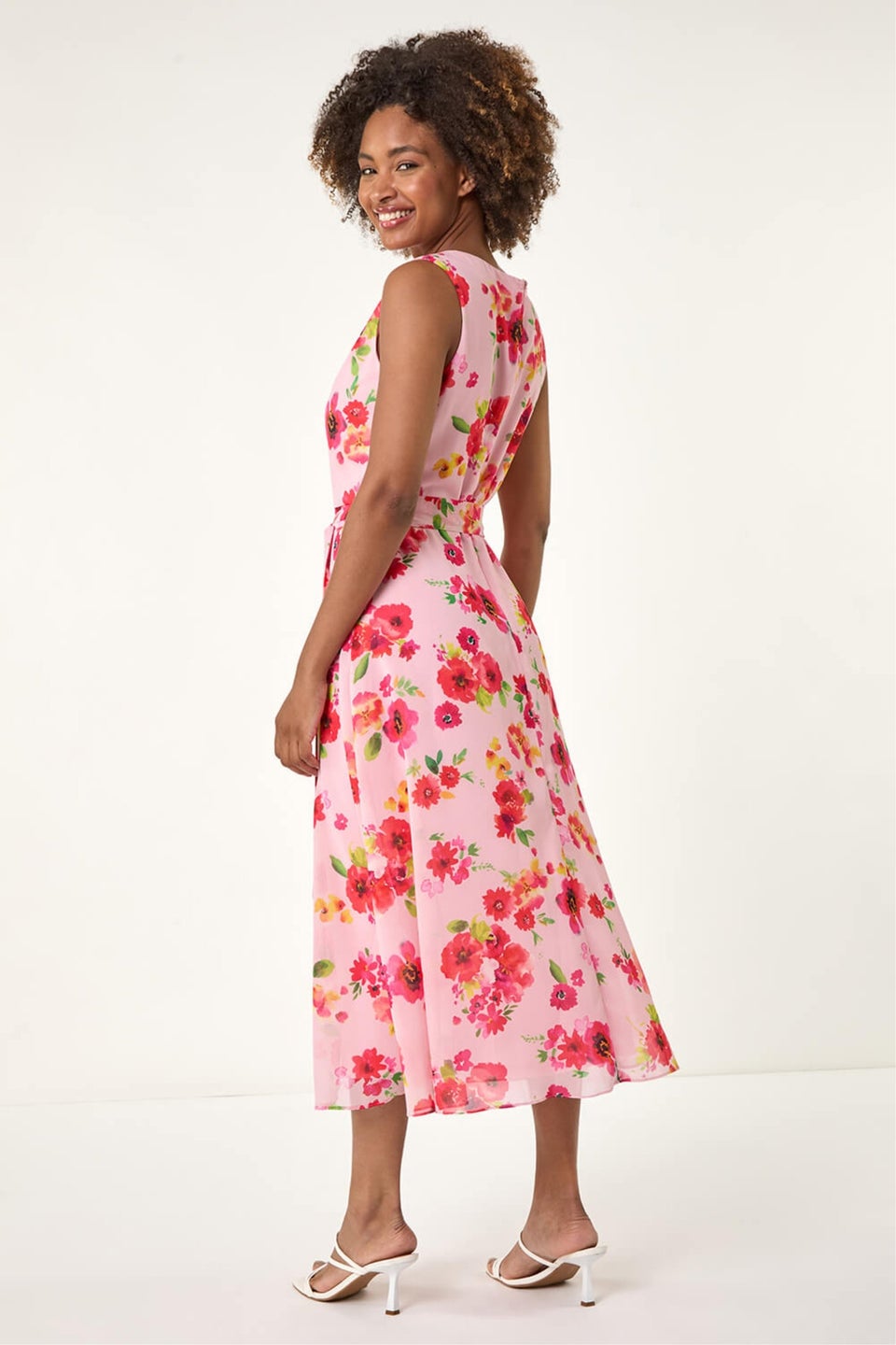 Roman Pink Floral Pleated Chiffon Midi Dress