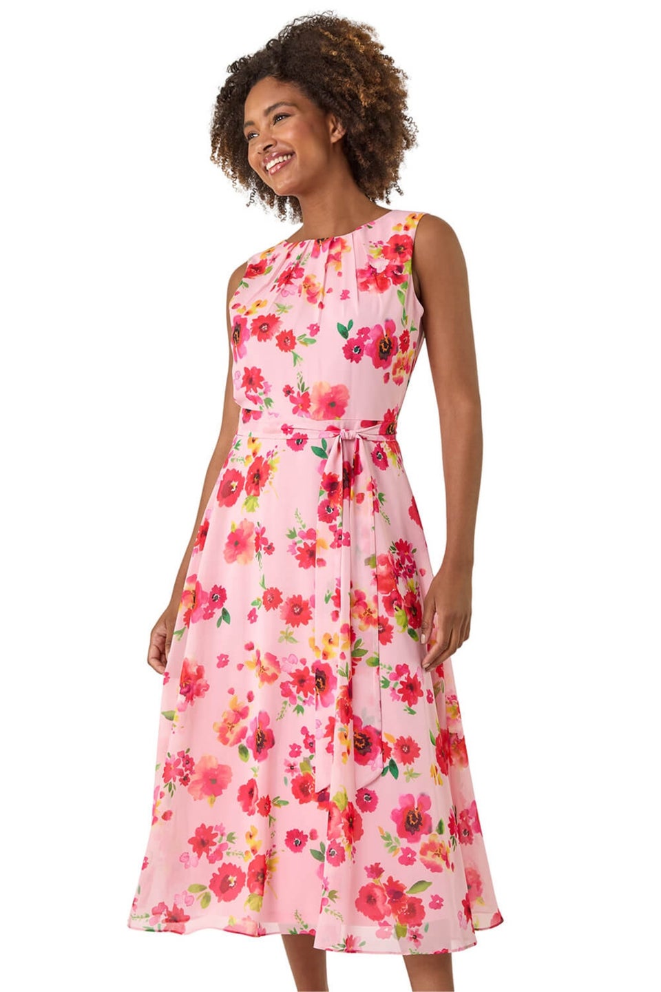 Roman Pink Floral Pleated Chiffon Midi Dress