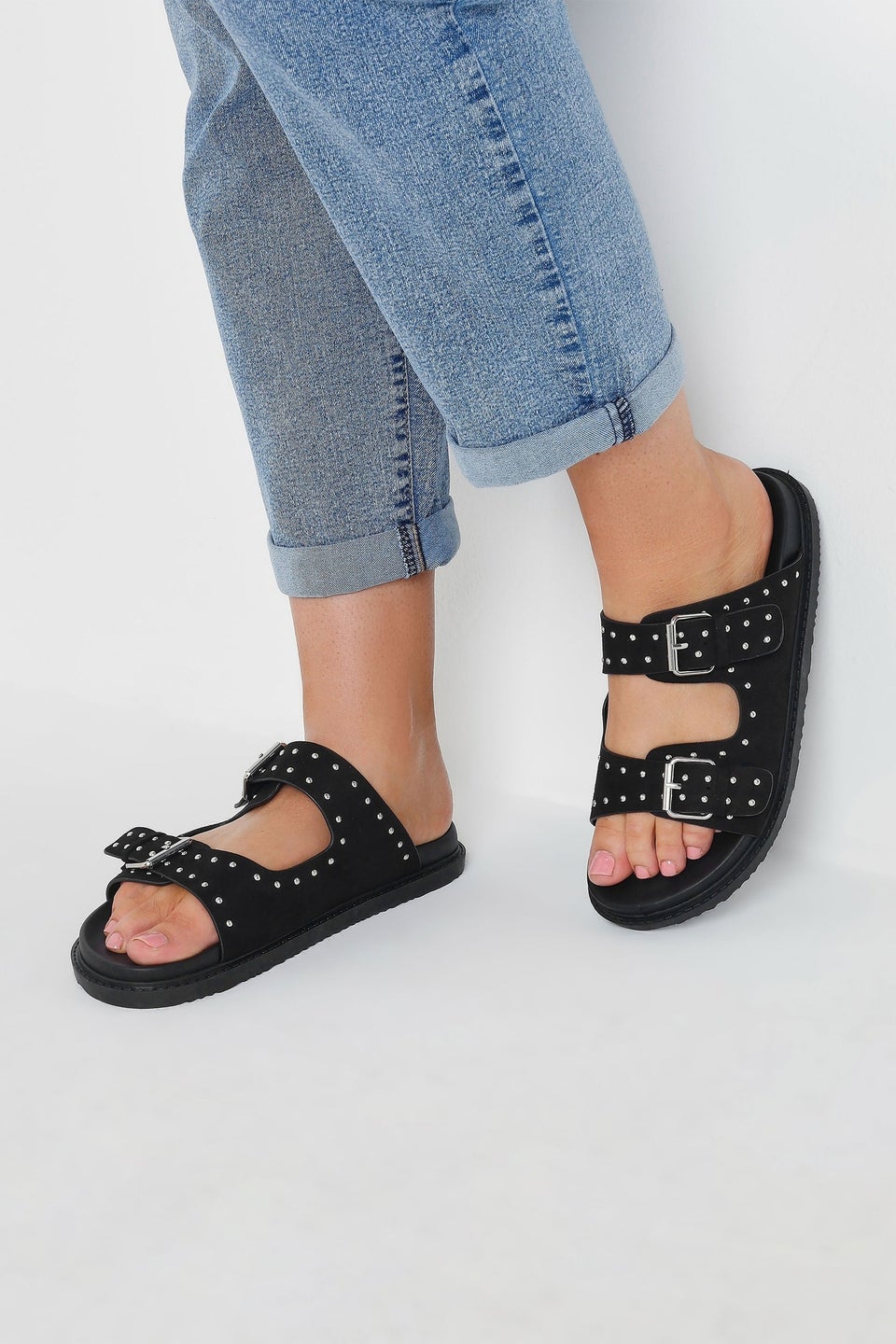 Yours Black Studded Buckle Strap Sandals In Extra Wide EEE Fit