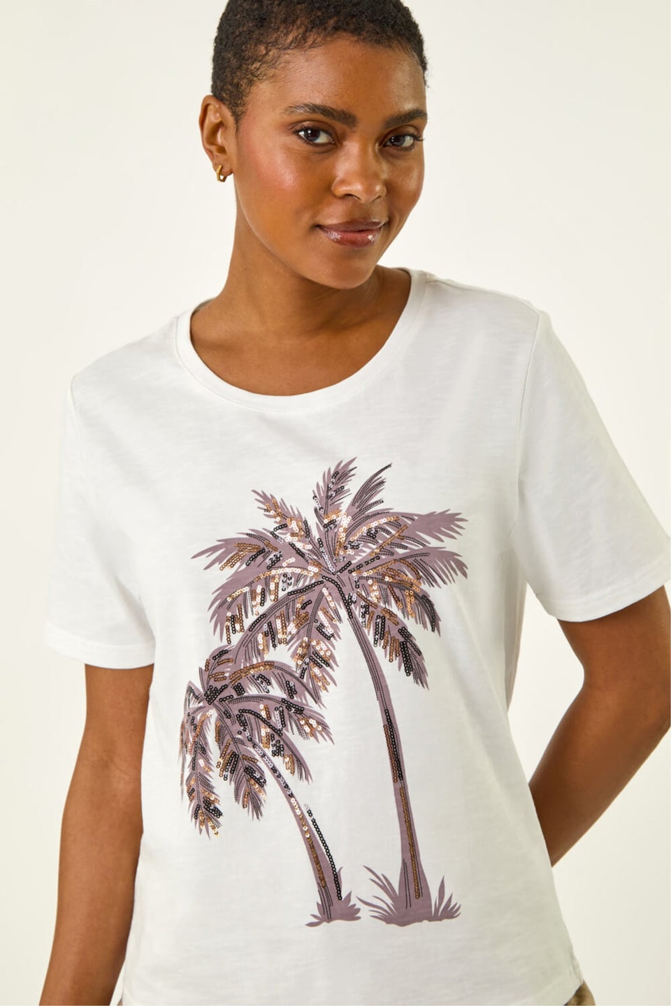 Roman Ivory Palm Print Cotton T-Shirt
