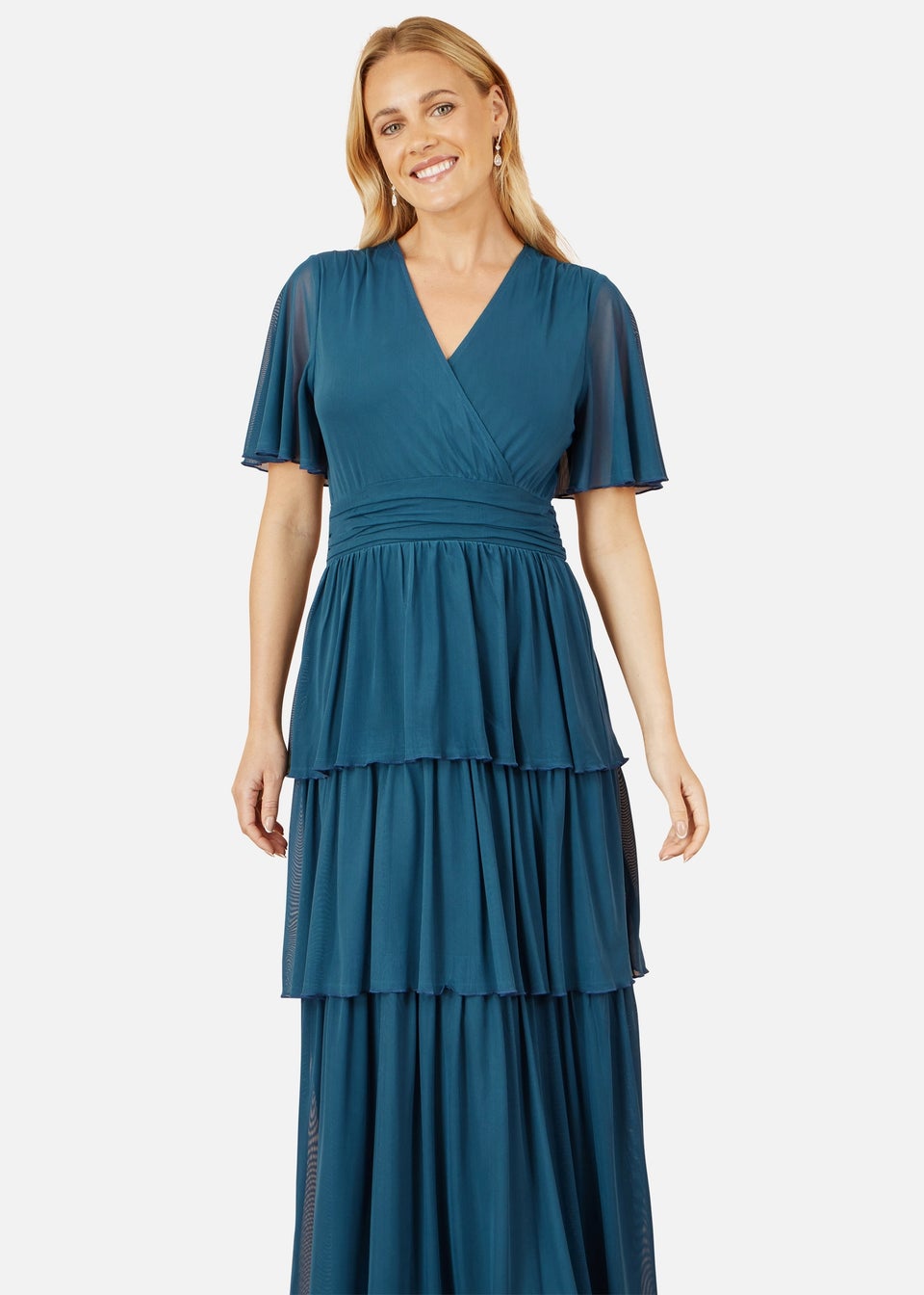 Yumi Teal Mesh Tiered Maxi Dress