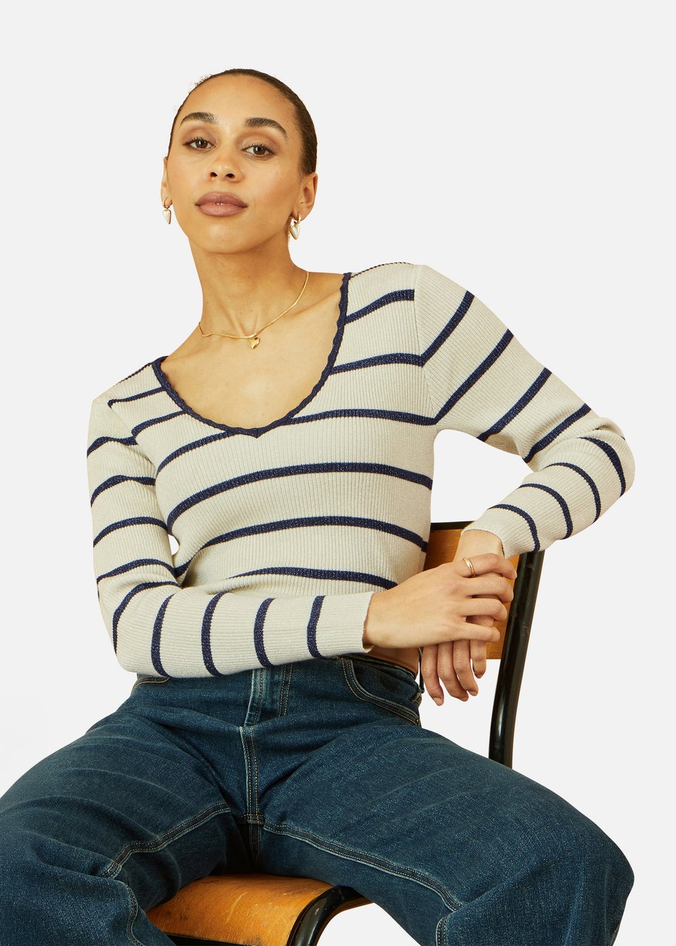Yumi White Metallic Stripe Knitted Ribbed Top