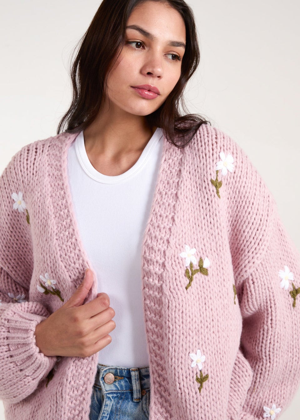 Blue Vanilla Pink Flower Embroidery Detailed Cardigan