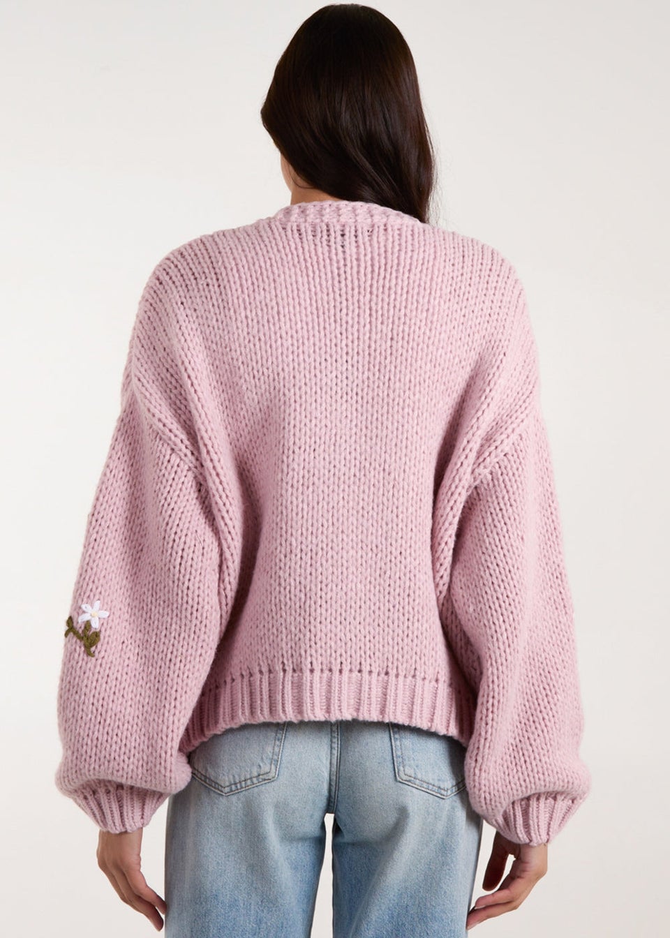 Blue Vanilla Pink Flower Embroidery Detailed Cardigan