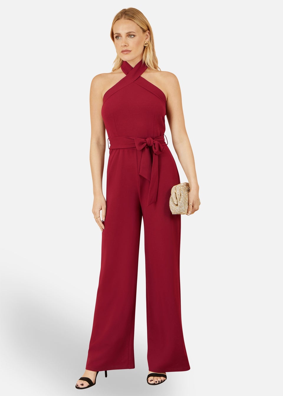 Yumi Burgundy Cross Over Halter Neck Jumpsuit