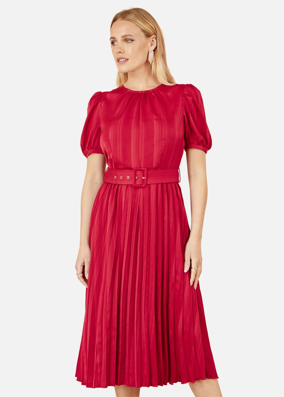 Yumi Red Satin Striped Midi Dress With Pleats & Matching Belt