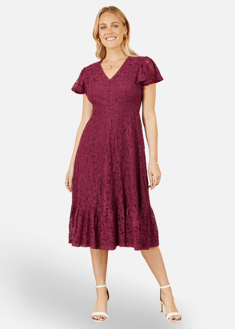 Yumi Burgundy Lace Puff Ball Midi Dress