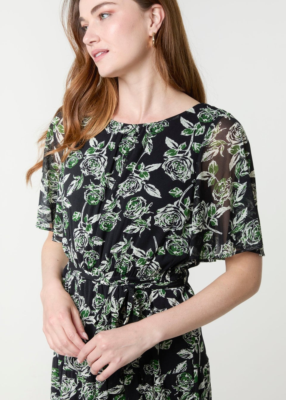 Blue Vanilla Black Floral Crew Neck Mesh Midi Dress